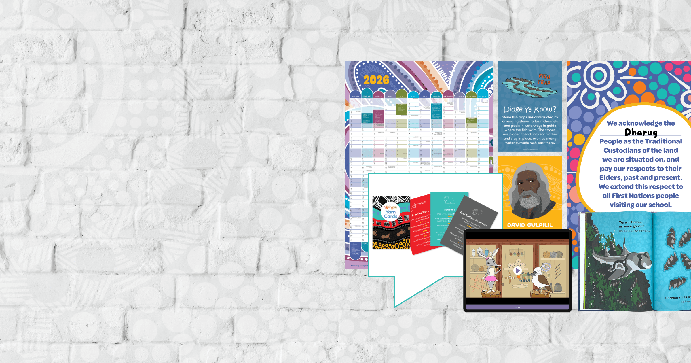 Hero image showing Wingaru classroom resources including a 2026 First Nations wall planner, cultural learning posters, digital learning content, and Aboriginal artwork arranged on a white brick background to represent a culturally inclusive classroom.