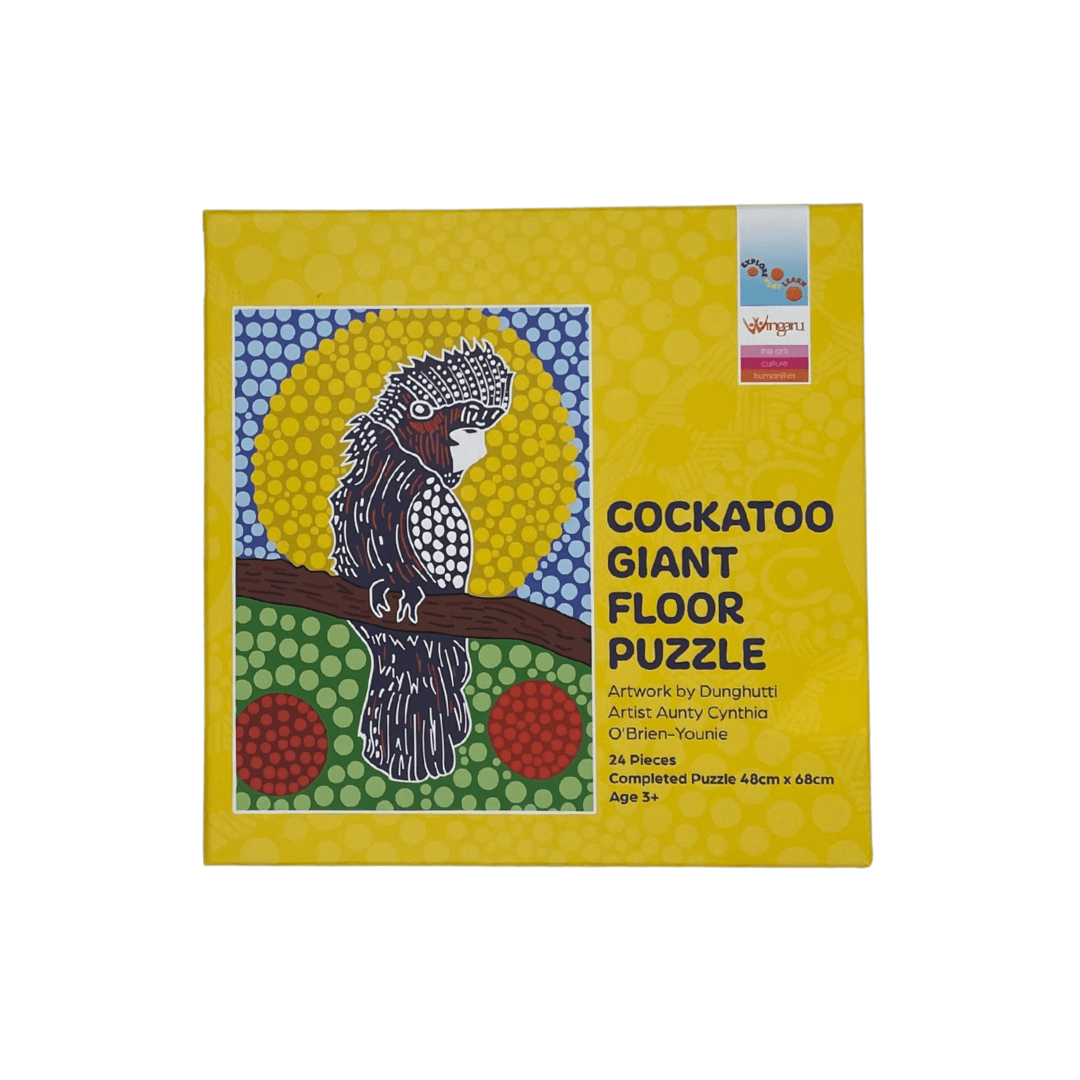 Wingaru Education Cockatoo giant floor puzzle featuring Aboriginal artwork by Dunghutti artist Aunty Cynthia O’Brien-Younie.