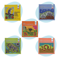 Set of five Wingaru Education Aboriginal artwork giant floor puzzles featuring Cockatoo, Echidna, Emu, Goanna and Snake by Dunghutti artist Aunty Cynthia O’Brien-Younie.