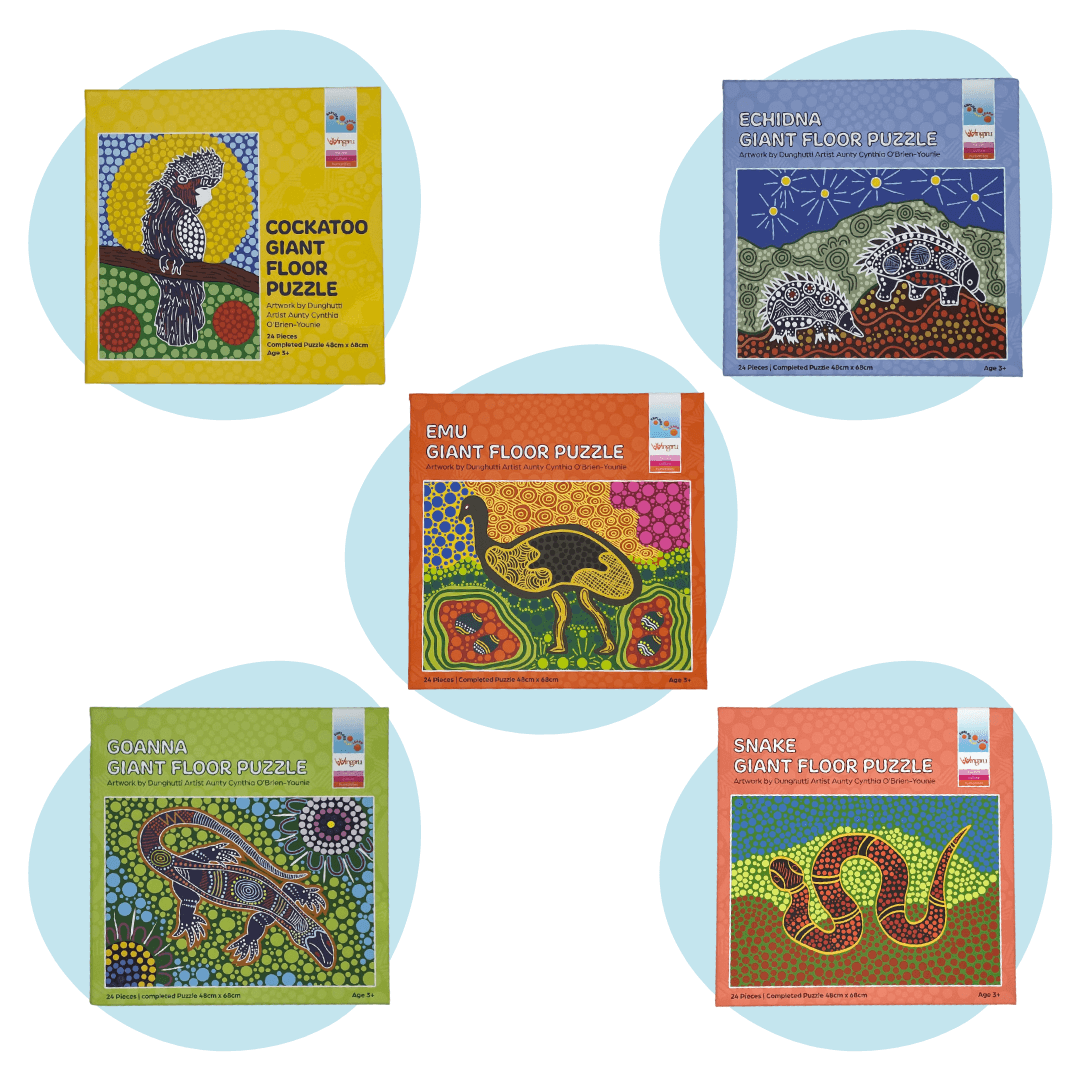 Set of five Wingaru Education Aboriginal artwork giant floor puzzles featuring Cockatoo, Echidna, Emu, Goanna and Snake by Dunghutti artist Aunty Cynthia O’Brien-Younie.