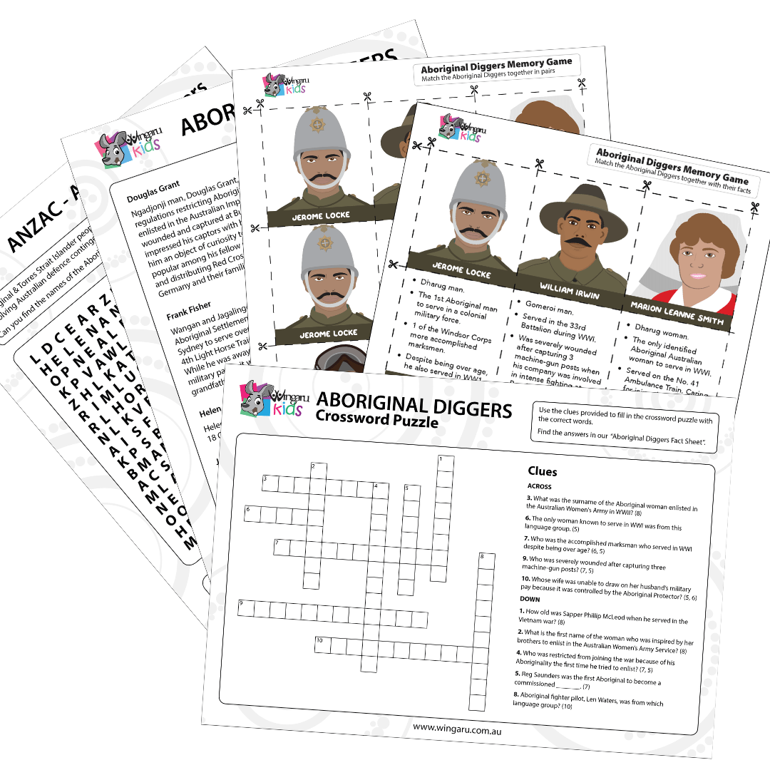 Flat lay of Wingaru Kids “Aboriginal Diggers” printable classroom activities, including a crossword puzzle, find-a-word, fact sheet and illustrated memory game featuring Aboriginal and Torres Strait Islander ANZACs such as Jerome Locke, William Irwin and Marion Leanne Smith. Free First Nations Diggers printable teaching resource for primary classrooms by Wingaru Education.