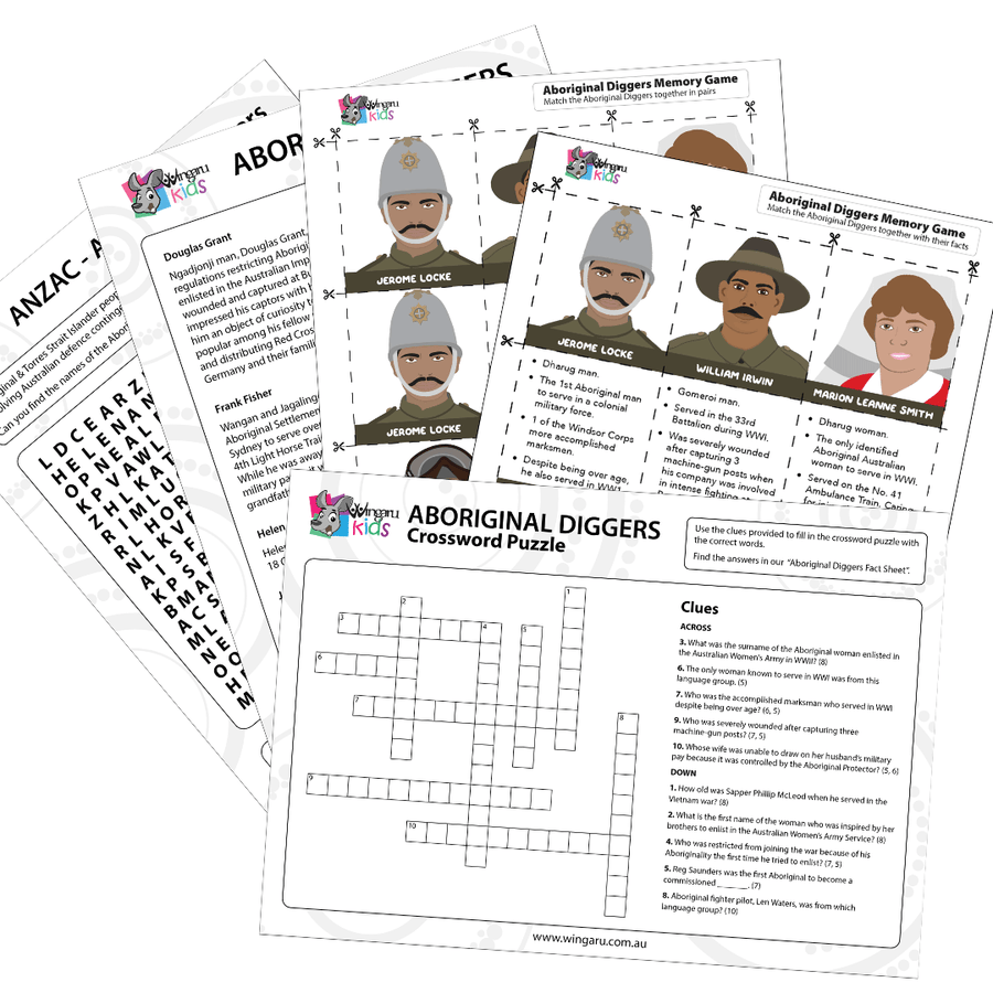 Flat lay of Wingaru Kids “Aboriginal Diggers” printable classroom activities, including a crossword puzzle, find-a-word, fact sheet and illustrated memory game featuring Aboriginal and Torres Strait Islander ANZACs such as Jerome Locke, William Irwin and Marion Leanne Smith. Free First Nations Diggers printable teaching resource for primary classrooms by Wingaru Education.