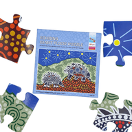 Wingaru Education Echidna giant floor puzzle box and pieces featuring Aboriginal artwork by Dunghutti artist Aunty Cynthia O’Brien-Younie.