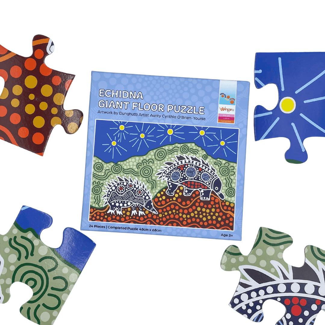Wingaru Education Echidna giant floor puzzle box and pieces featuring Aboriginal artwork by Dunghutti artist Aunty Cynthia O’Brien-Younie.