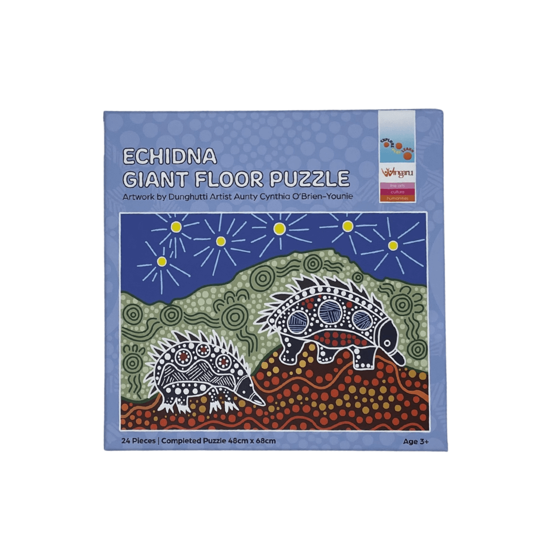 Wingaru Education Echidna giant floor puzzle with Aboriginal art by Dunghutti artist Aunty Cynthia O’Brien-Younie celebrating Australian wildlife.