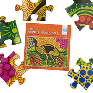 Wingaru Education Emu giant floor puzzle box and pieces featuring Aboriginal artwork by Dunghutti artist Aunty Cynthia O’Brien-Younie.