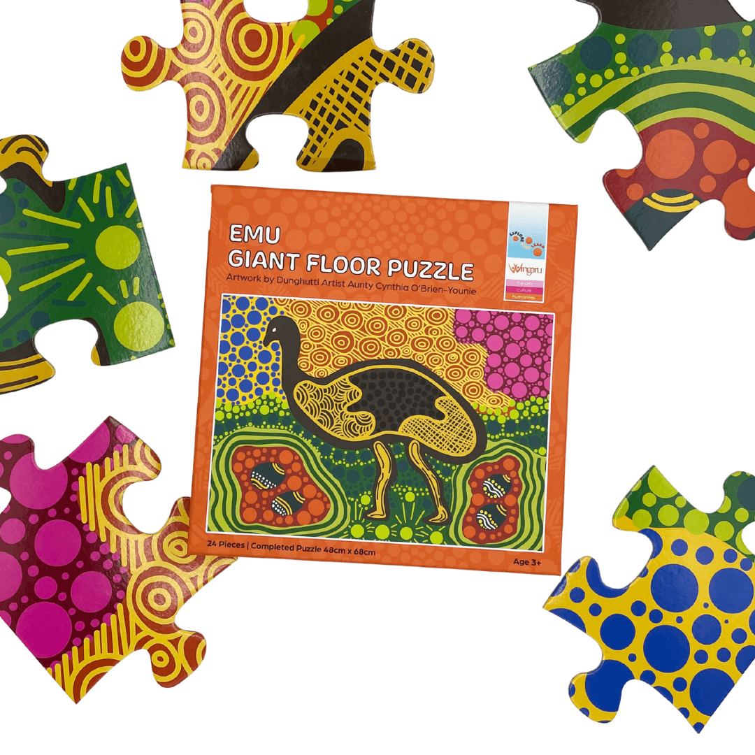 Wingaru Education Emu giant floor puzzle box and pieces featuring Aboriginal artwork by Dunghutti artist Aunty Cynthia O’Brien-Younie.