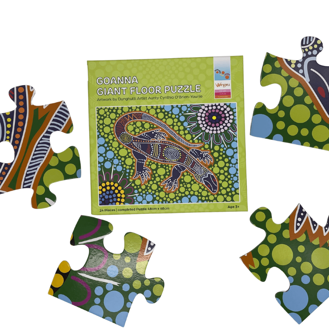 Wingaru Education Goanna giant floor puzzle box and pieces featuring Aboriginal artwork by Dunghutti artist Aunty Cynthia O’Brien-Younie.