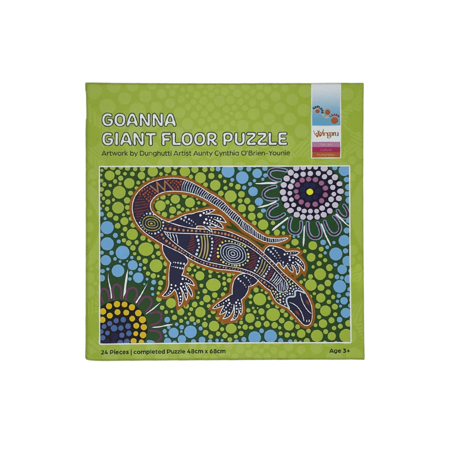 Wingaru Education Goanna giant floor puzzle featuring colourful Aboriginal artwork by Dunghutti artist Aunty Cynthia O’Brien-Younie.