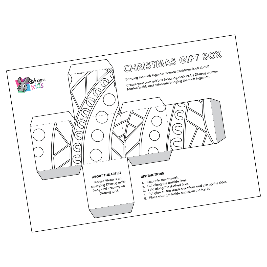 Free Printable Aboriginal art Christmas gift box template for kids featuring Dharug artist Marlee Webb’s designs.