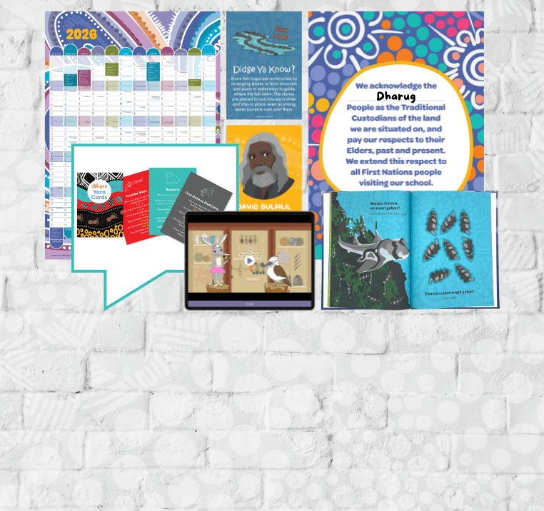 Hero image showing Wingaru classroom resources including a 2026 First Nations wall planner, cultural learning posters, digital learning content, and Aboriginal artwork arranged on a white brick background to represent a culturally inclusive classroom.